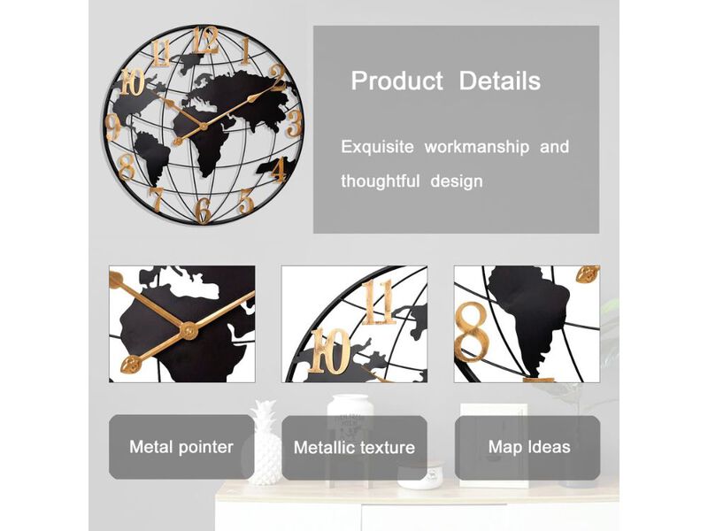 24" Large World Map Wall Clock - Silent Non-Ticking Battery Operated Metal Decor for Living Room & Office image number 2