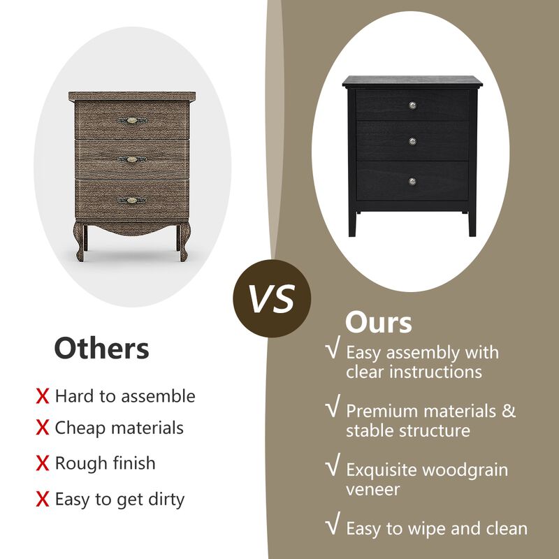 Nightstand Beside End Side Table Organizer with 3 Drawers