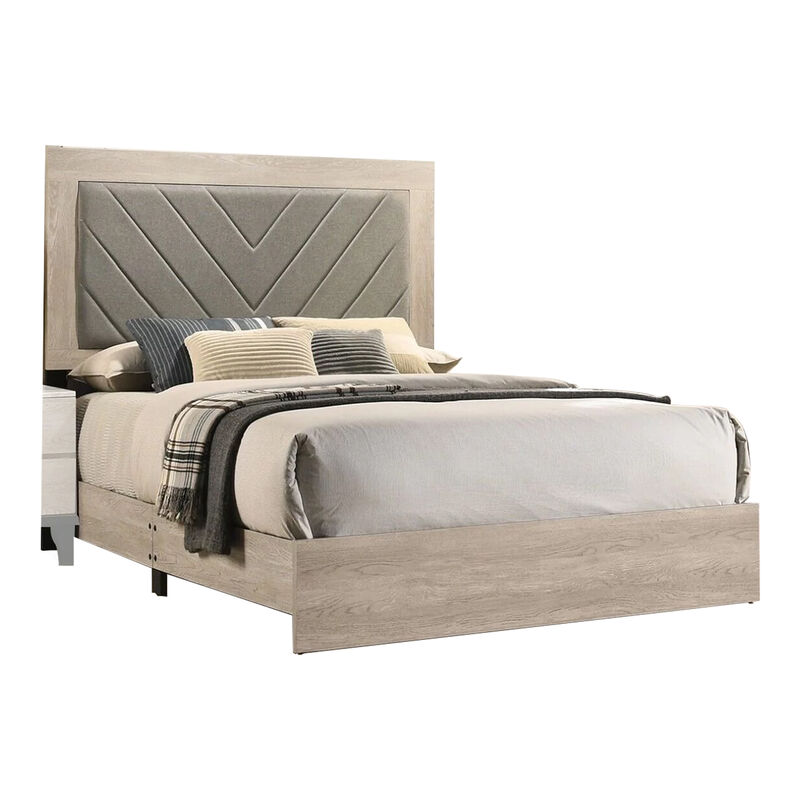 Cato Upholstered California King Bed, Tufted Gray Headboard, Cream White - Benzara