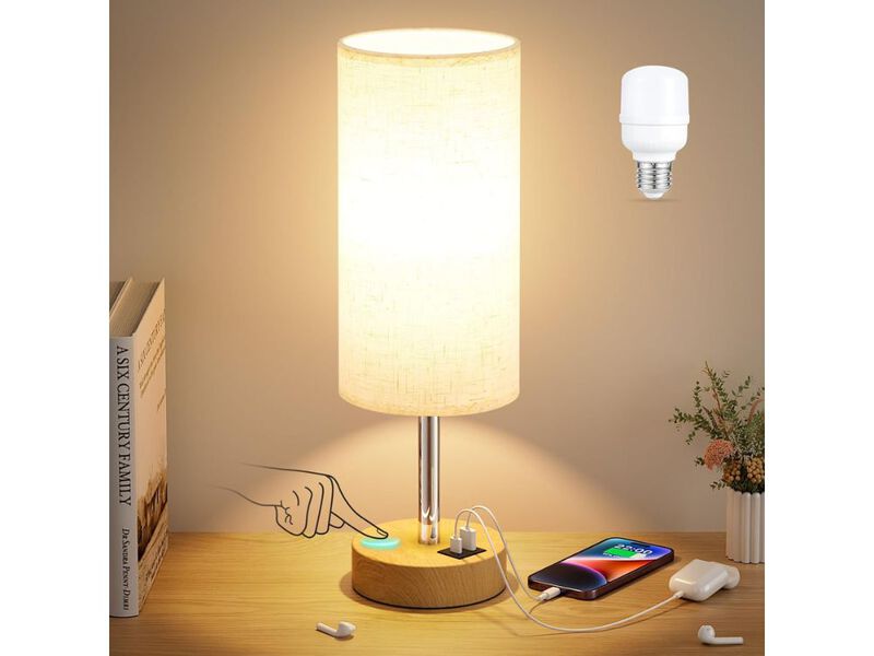 Touch Bedside Table Lamp 14 Inch Wood Lamp with USB Charging for Bedroom image number 1