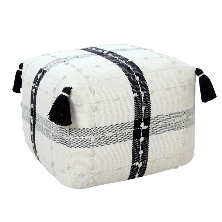 Hivvago 18 Inch Black Cotton Striped Pouf Ottoman