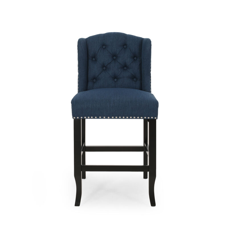 Counter Height Chair Set of 2, Tufted Wingback, Nailhead Trim, Navy Blue