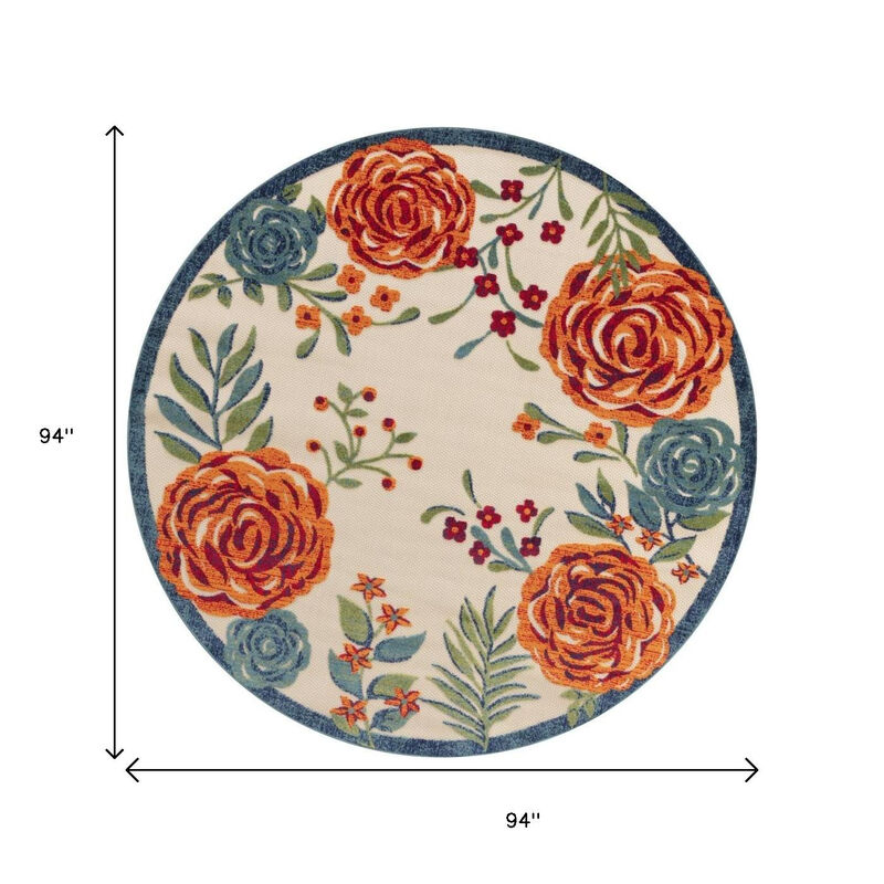 HomeRoots 8' Ivory Orange Green And Blue Round Floral Indoor Outdoor Area Rug image number 6