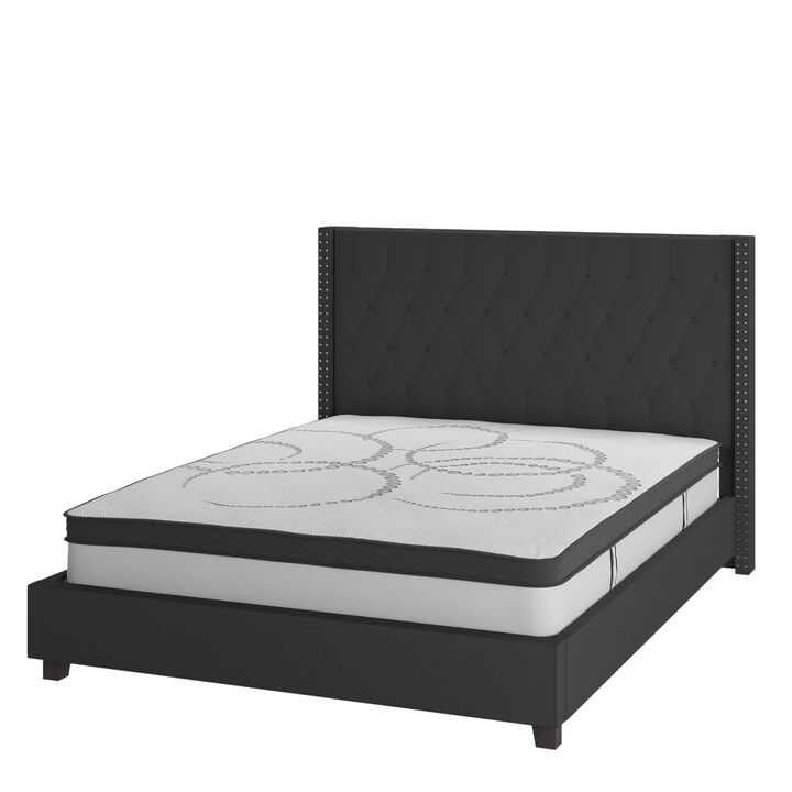 Riverdale Queen Size Tufted Upholstered Platform Bed in Black Fabric with 10 Inch CertiPUR-US Certified Pocket Spring Mattress
