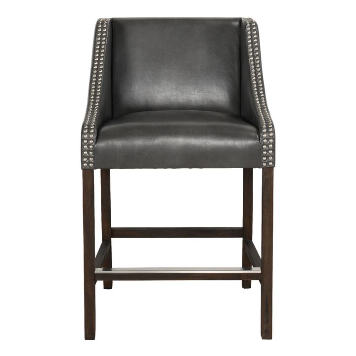 Wood and Leatherette Counter Height Stool with Swooping Arms and Nail Head Trim, Gray-Benzara