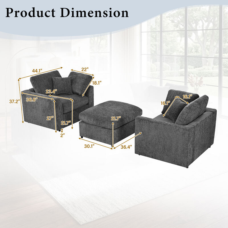 Merax 3-Piece Chenille Chair & Ottoman Set with Pocket Springs &ndash; 2 Accent Chairs image number 3