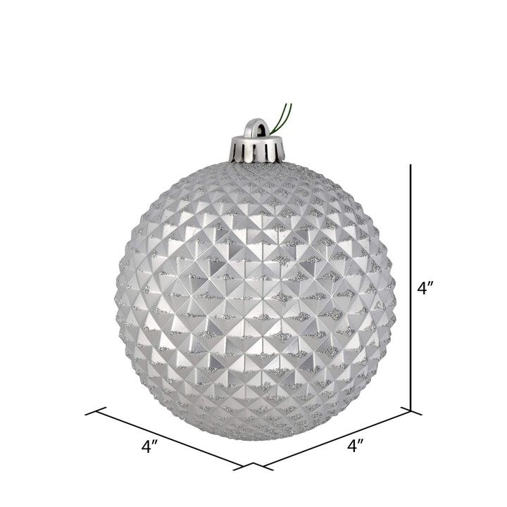 Vickerman 4" Silver Durian Glitter Ball Christmas Ornament - 6 per Pack - Silver Durian Ball with Glitter Accent - Shatterproof Plastic - Holiday Christmas Tree Decoration - Reliable and Durable