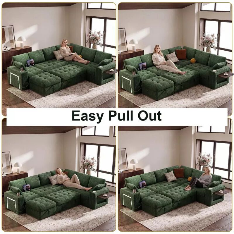 Vipbear 110" Modular Sectional Sleeper Sofa, Pull Out Bed, 7-Seat Chenille L-Shaped Couch, Storage image number 6