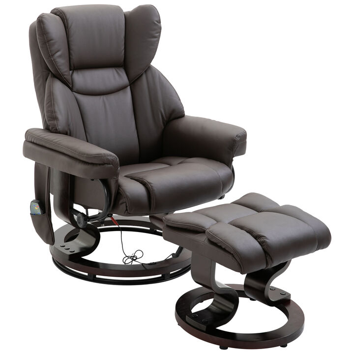 HOMCOM Massage Recliner Chair with Ottoman Footrest, 360° Swivel Reclining Chair, Faux Leather Living Room Chair with 10 Vibration Points, Adjustable Backrest, Side Pocket and Remote Control, Brown