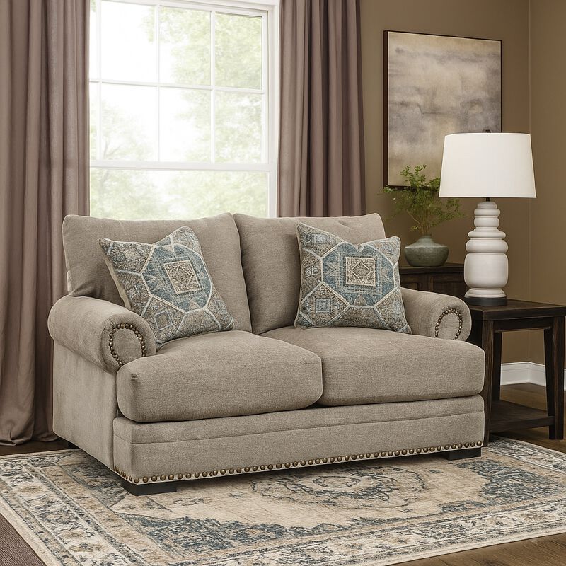 Golo Loveseat, 72 Inch, 2 Accent Pillows, Gray Fabric, Nailhead Trim
