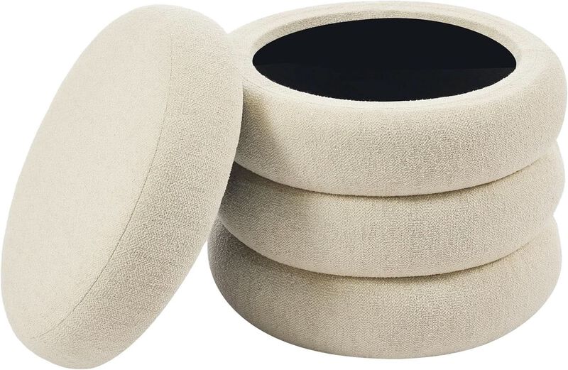 Beige Linen Upholstered Round Storage Ottoman - Removable Lid image number 0