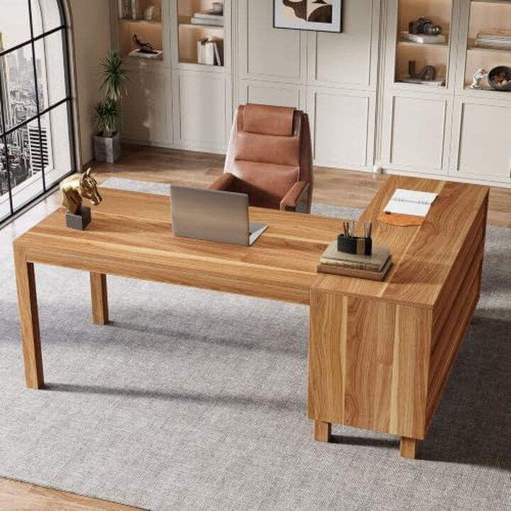 Tribesigns 59" L-Shaped Desk, Executive Computer Desk with Storage Cabinet, Corner Desk for Home Office, Farmhouse Rustic Brown Office Desk with 4 Shelves, Holds 441 lbs
