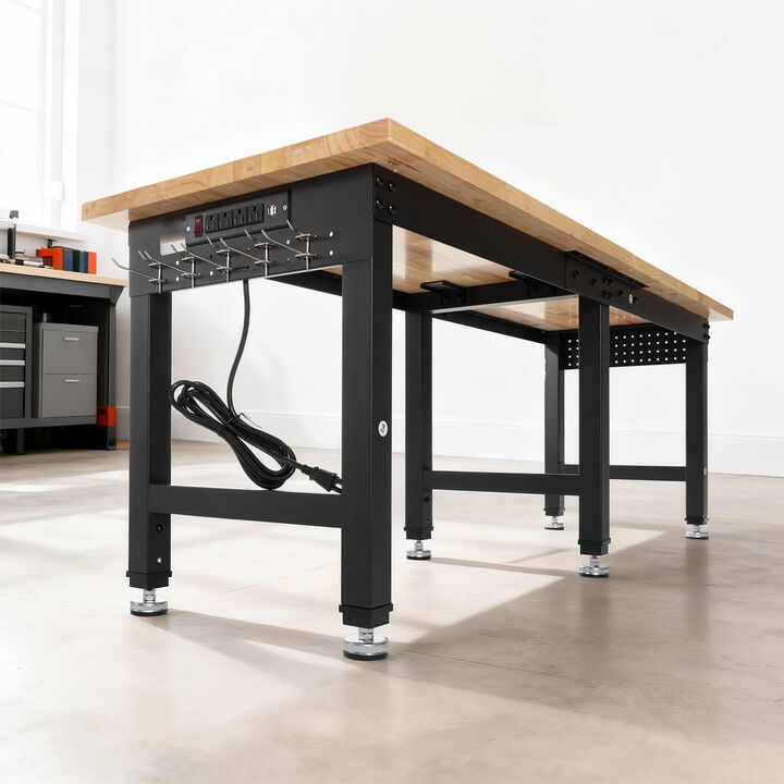 Adjustable Work Table with Oak Wood Top, Power Outlets & USB Ports for Garage, Workshop & Home-Natural