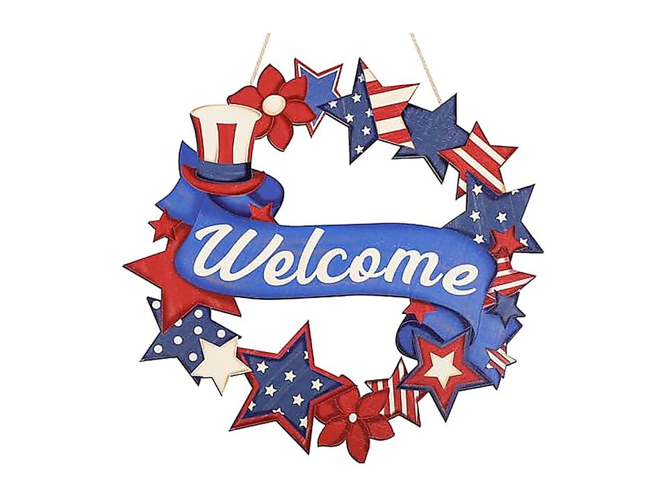 4th July Decor Wood Welcome Sign American Flag Star Wreath Outdoor Wall Hanging