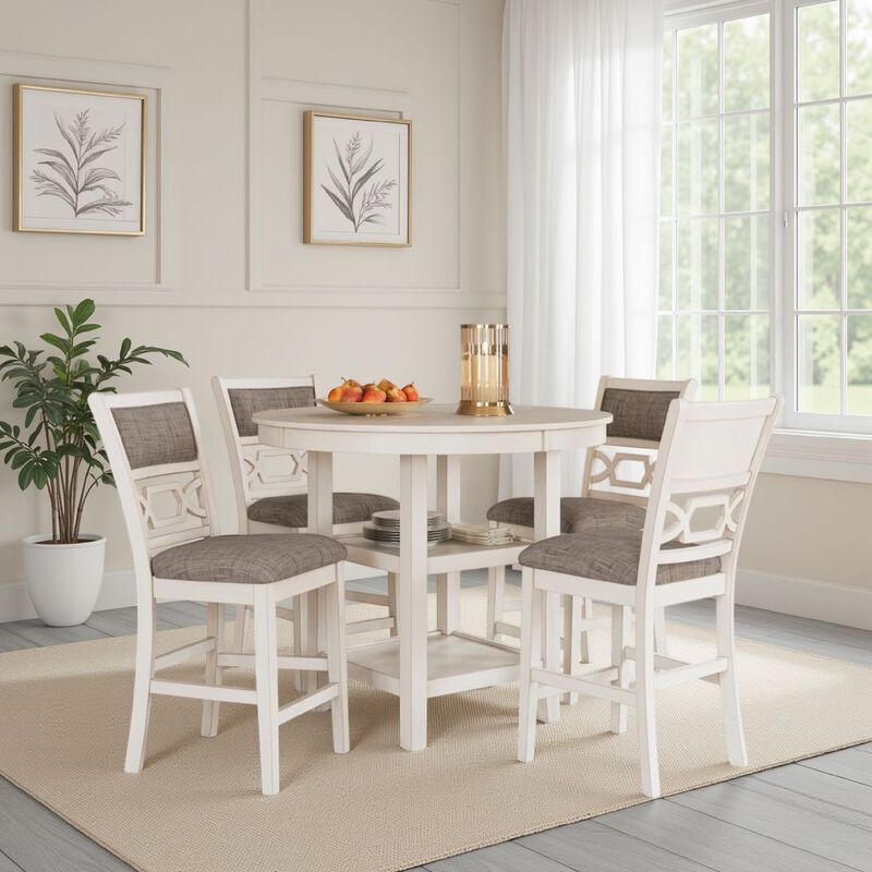 Berg 5pc Counter Height Dining Table Set, White Wood, Padded Chairs - Benzara
