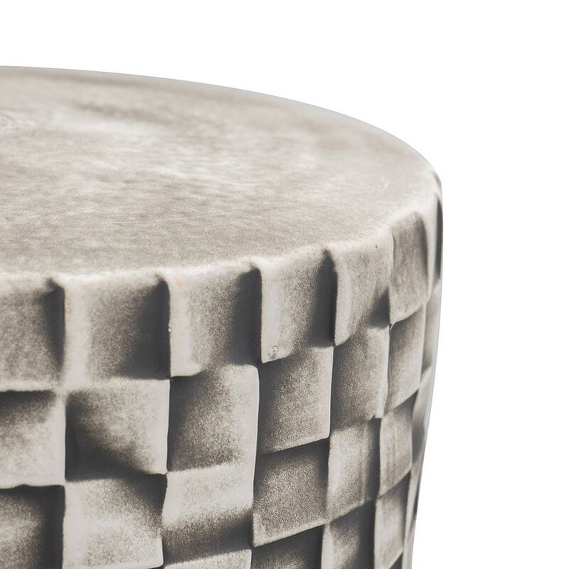 18 Inch Stool Table, Ceramic, Cylindrical, Textured Geometry, Outdoor, Gray - Benzara