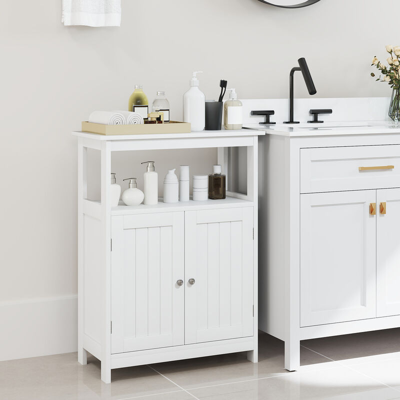 Small Bathroom Floor Cabinet with Open Storage Compartment and Closed Shelves