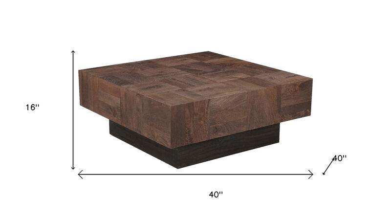 HomeRoots 40" Dark Brown and Black Solid Wood Square Block Coffee Table