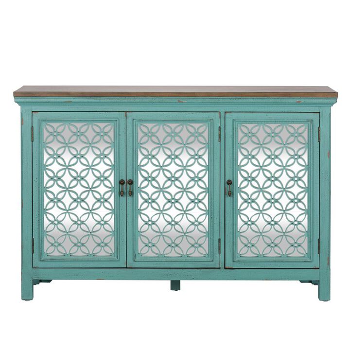 Liberty Furniture Kensington 3 Door Accent Cabinet in Turquoise w/ Worn Wood Tone Top