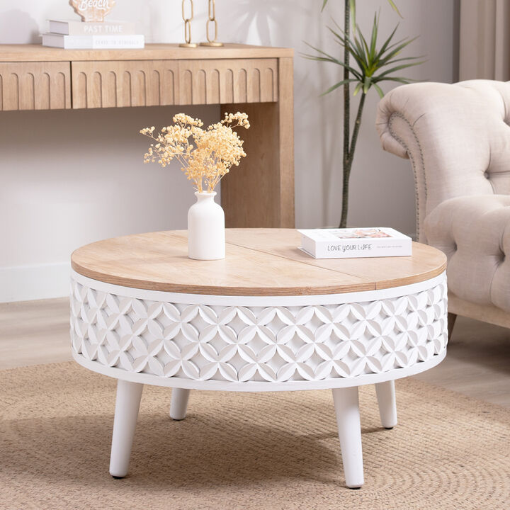 GOODSILO Compact Round Lift-Top Storage Coffee Table &ndash; Modern Farmhouse Accent Piece with Hidden Compartment