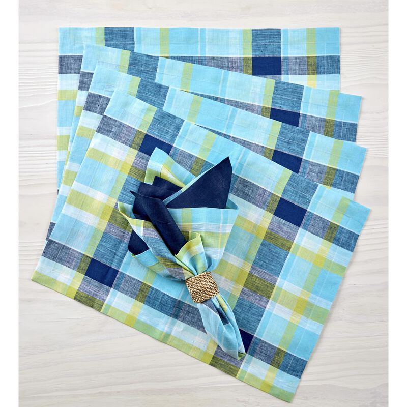Solino Home 100% Pure Linen Placemats 14 x 19 Inch Set of 4 - Summer Madras Plaid