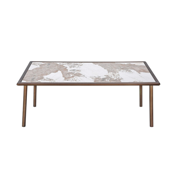 Zame 79 Inch Dining Table, Rectangular White Stone Top, Steel Legs, Bronze