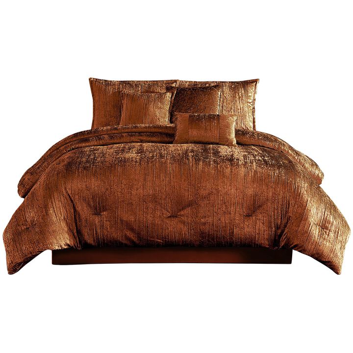 Jay 7 Piece King Comforter Set, Copper Polyester Velvet Deluxe Texture - Benzara