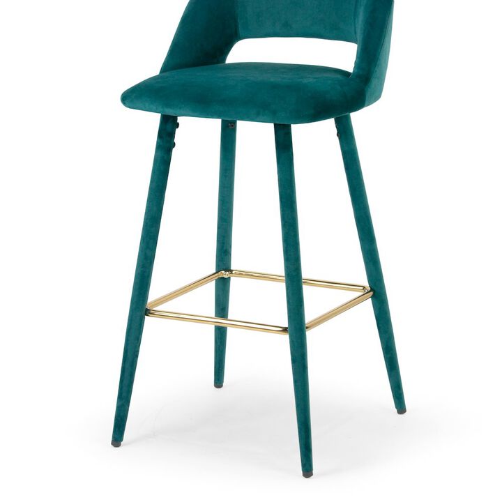 Glamour Home Set of 2 Anita Teal Velvet Bar Stool with Upholstered Legs and Golden Footrest