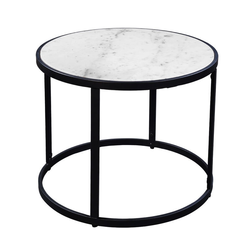 23 Inch Side End Table, Modern Round White Natural Marble Top, Classic Black Iron Frame image number 7