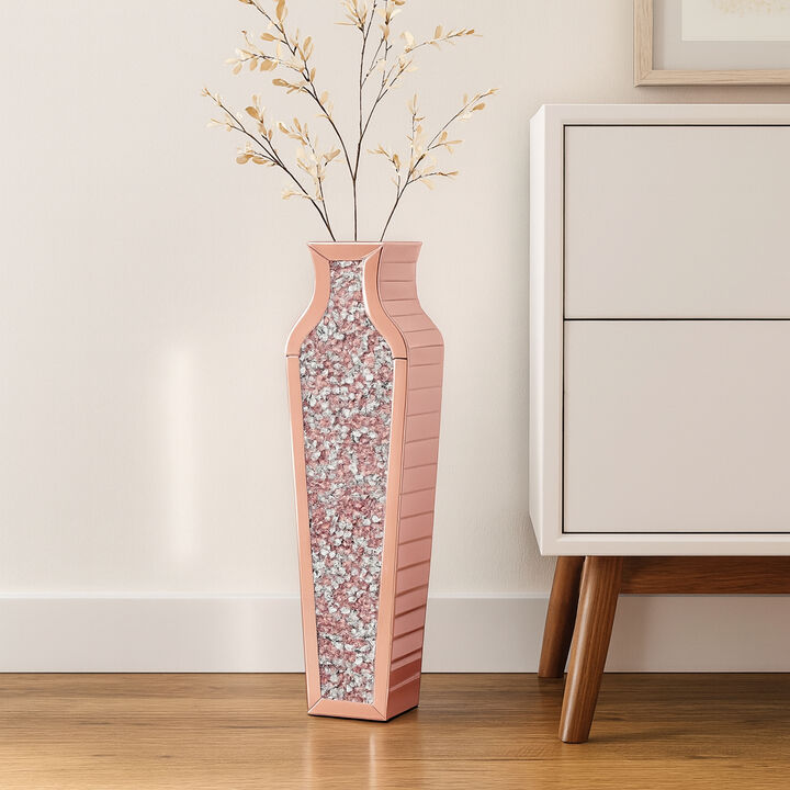 HomeRoots 27" Pink Mirrored Glass Floor Vase With Faux Crystals