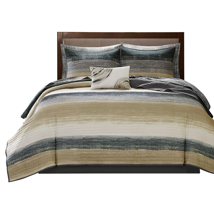 Gracie Mills Ianne Modern 8-Piece Watercolor Stripe Quilt Set with Cotton Bed Sheets