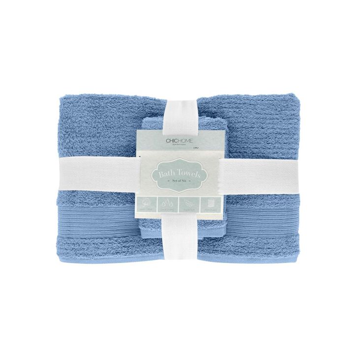 Chic Home Premium 6-Piece Pure Turkish Cotton Towel Set 2 Bath Towels, 2 Hand Towels, 2 Washcloths Blue