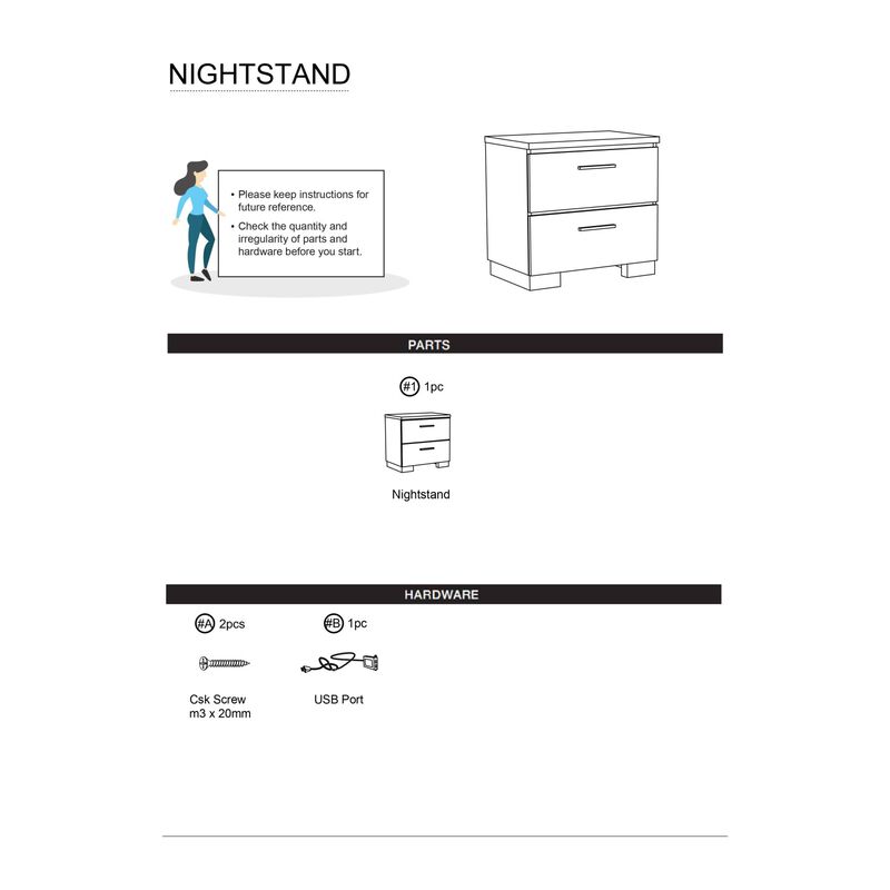 Streamdale Black Nightstand with USB Charger & Chrome Accents image number 8