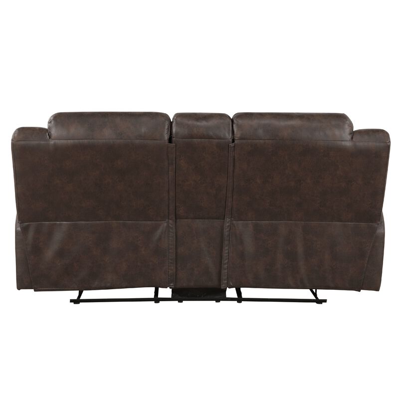 Henry Manual Double Reclining Loveseat, Console, Dark Brown Microfiber - Benzara