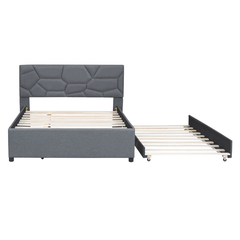 Merax Upholstered Platform Bed with Brick Pattern Headboard and Twin Size Trundle