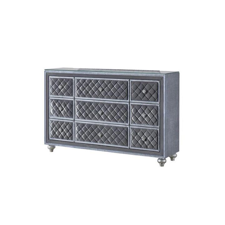 Benjara Rall 61 Inch Wide Dresser with Mirror, 9 Drawers, Modern, Turned Legs, Gray and Silver
