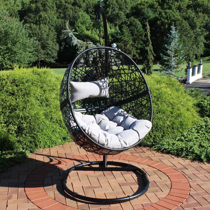 Sunnydaze Resin Wicker Hanging Egg Chair with Steel Stand/Cushion