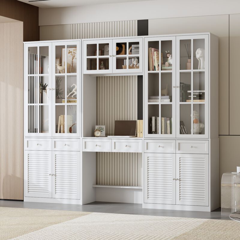 FUFU&GAGA White MDF & Tempered Glass Storage Cabinet with 6 Drawers, Adjustable Shelves & Shutter Doors, Modern Bookcase (94.5 in. W x 15.7 in. D x 78.7 in. H) image number 3