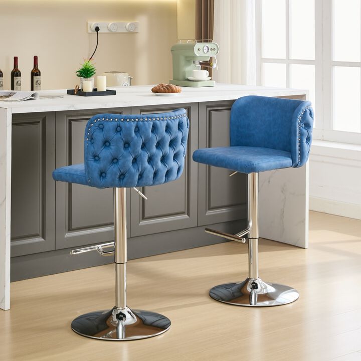 Streamdale Adjustable Chrome Base Bar Stools with Tufted Backs (Blue, Set of 2)