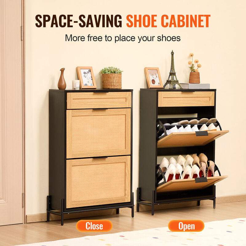 Slim Rattan Shoe Cabinet with 2 Flip Drawers and 1 Slide Drawer for Entryway