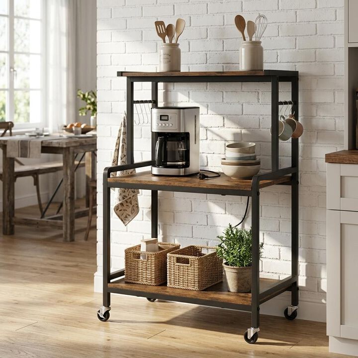 3-Tier Microwave Stand with Power Outlet, Lockable Wheels and Hooks