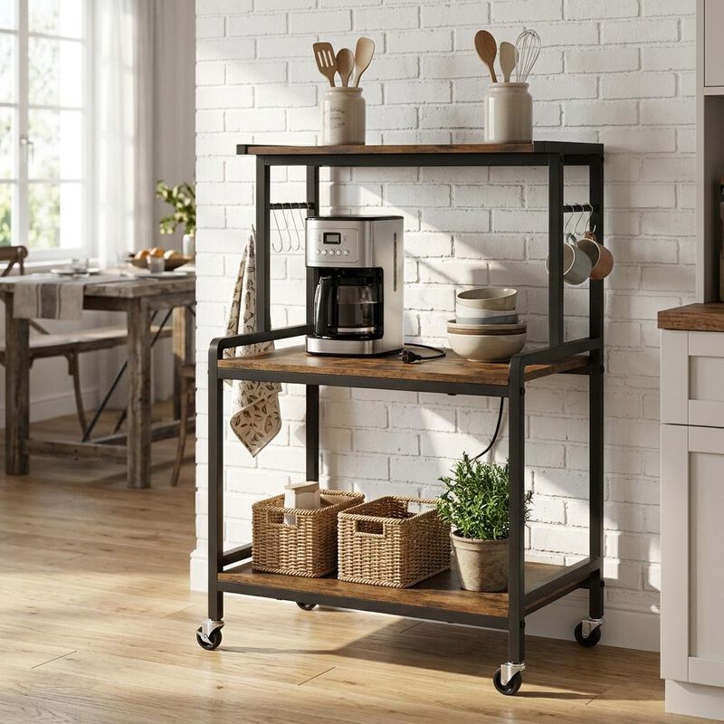 3-Tier Microwave Stand with Power Outlet, Lockable Wheels and Hooks image number 1