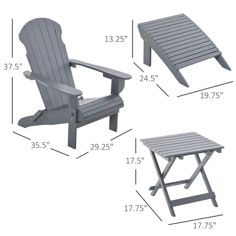 Outsunny 3-Piece Folding Adirondack Chair with Ottoman and Side Table, Outdoor Wooden Fire Pit Chairs w/ High-back, Wide Armrests for Patio, Backyard, Garden, Lawn Furniture - Gray