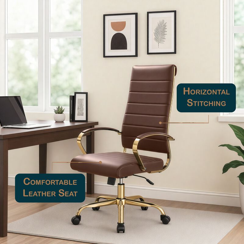 LeisureMod Benmar High-Back Leather Office Chair with Swivel, Tilt, Adjustable Height, Ergonomic Design for Home Office, Study, or Workspace