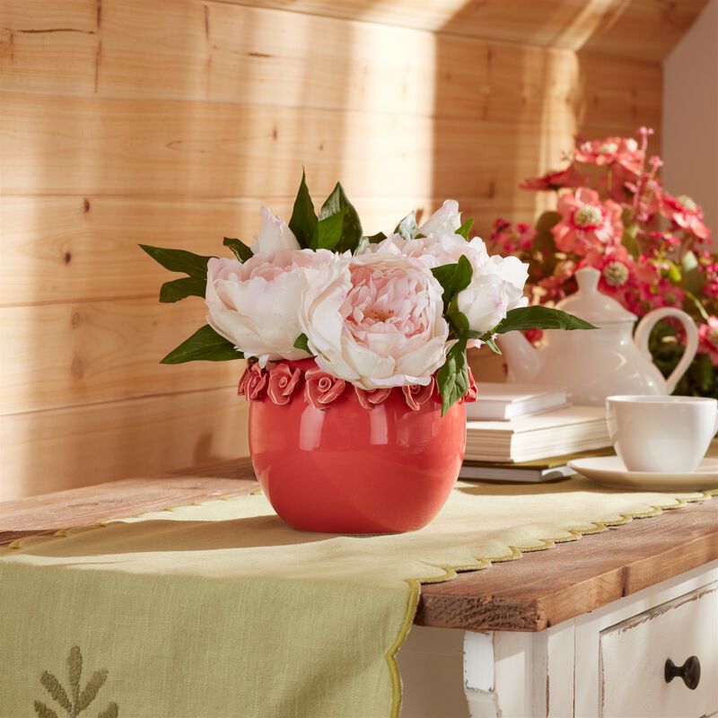 Set of 2 Stoneware Bud Vases with Floral Accent for Shelf or Tabletop Display