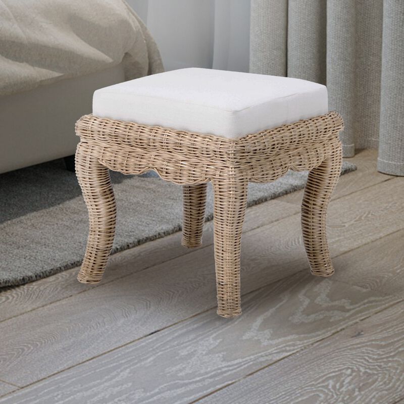 Rowan 19.7" Bohemian Designer Woven Rattan/Wood Ottoman Vanity Stool