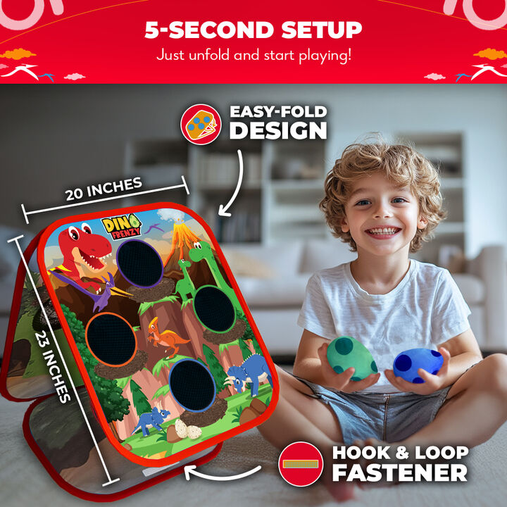 Swooc Games - Dino Frenzy - 2-in-1 Red Corn Hole Games for Kids - 5-Second Setup - Bean Bag Toss Game for Kids - Kids Cornhole Game Set