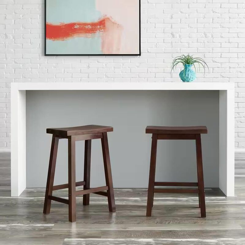 Hivvago Set of 2 Farmhouse Counter Height Saddle Bar Stools in Brown Walnut Wood Finish