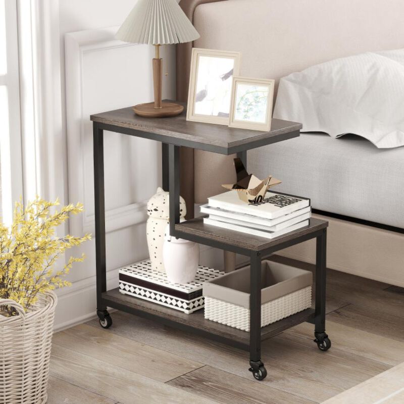 Hivvago G-shaped Side Table 3-Tier Mobile End Table with Open Shelves