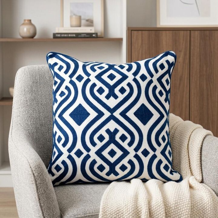 HomeRoots 20" Blue and White Geometric Cotton Throw Pillow